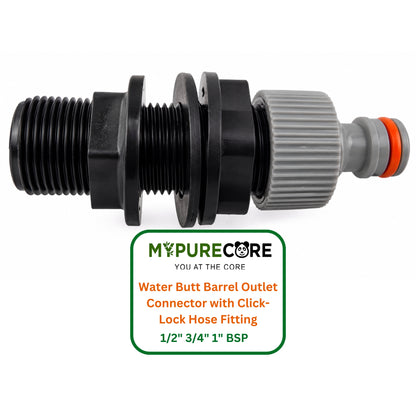 Water Butt Barrel Outlet Connector 1/2" 3/4" 1" BSP Tank Fitting with Click-Lock Hose Connector for Rainwater Barrels & Water Tanks