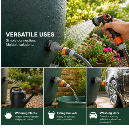 Water Butt Barrel Outlet Connector 1/2" 3/4" 1" BSP Tank Fitting with Click-Lock Hose Connector for Rainwater Barrels & Water Tanks