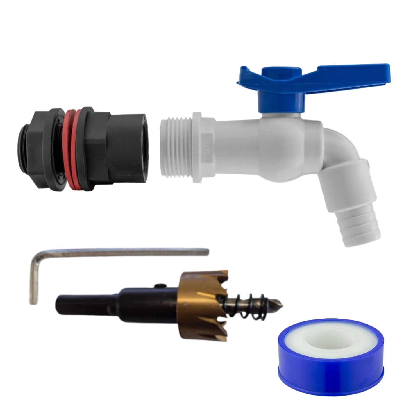 Garden Water Butt Tap Kit with Drill Bit – Rain Barrel Adapter 3/4" BSP Hose Connector with Tap Options, Washers & PTFE Tape for Water Tank, IBC & Garden Irrigation Systems
