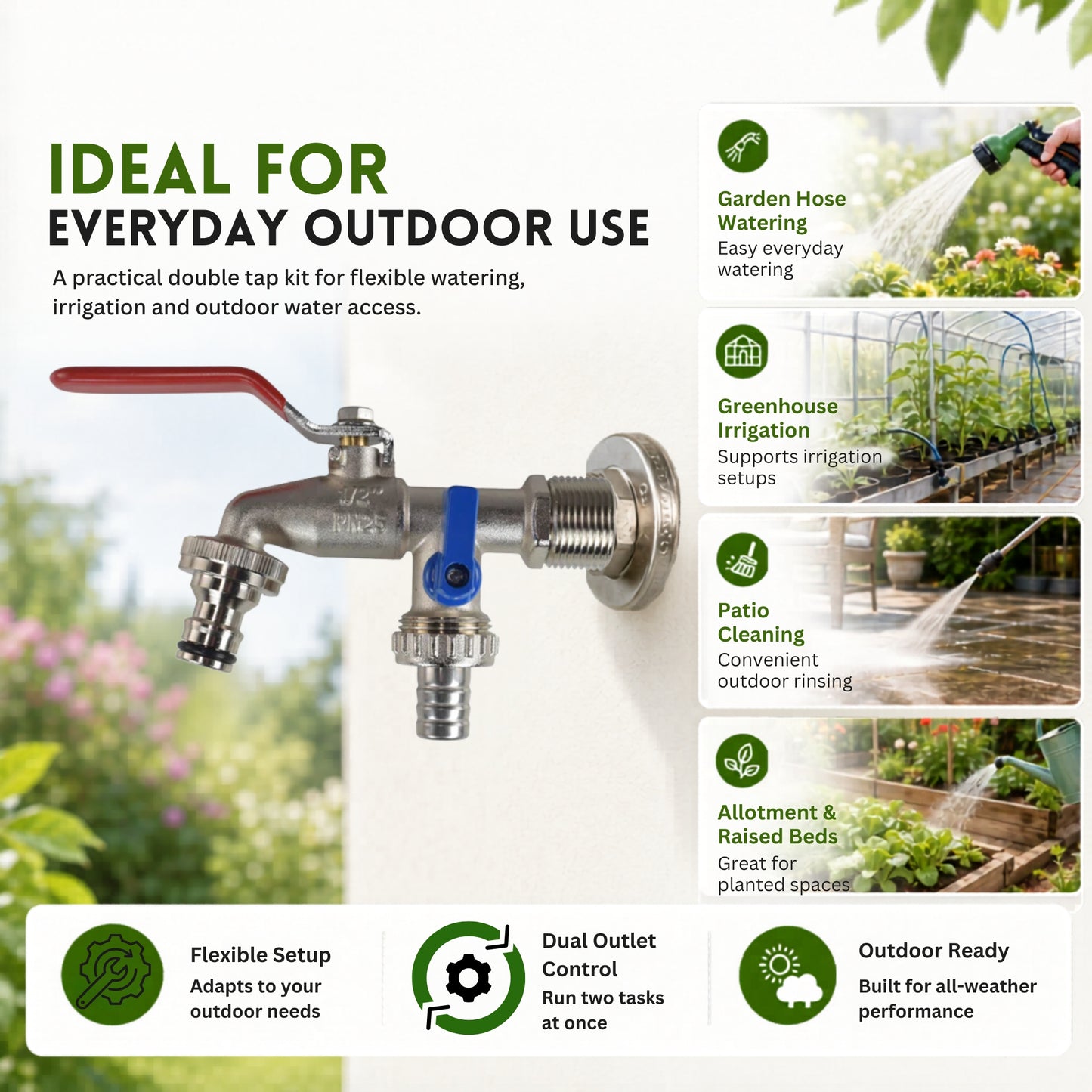 Double Garden Tap Kit with 1/2” & 3/4” BSP Adapter, Dual Lever Outdoor Water Tap with Quick Connect Fitting, Barbed Hose Outlet & PTFE Tape for Garden Hose, Irrigation & Greenhouse Use
