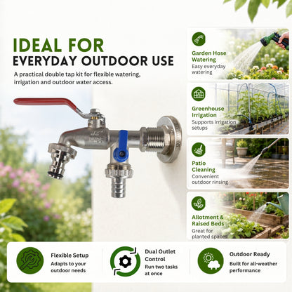 Double Garden Tap Kit with 1/2” & 3/4” BSP Adapter, Dual Lever Outdoor Water Tap with Quick Connect Fitting, Barbed Hose Outlet & PTFE Tape for Garden Hose, Irrigation & Greenhouse Use