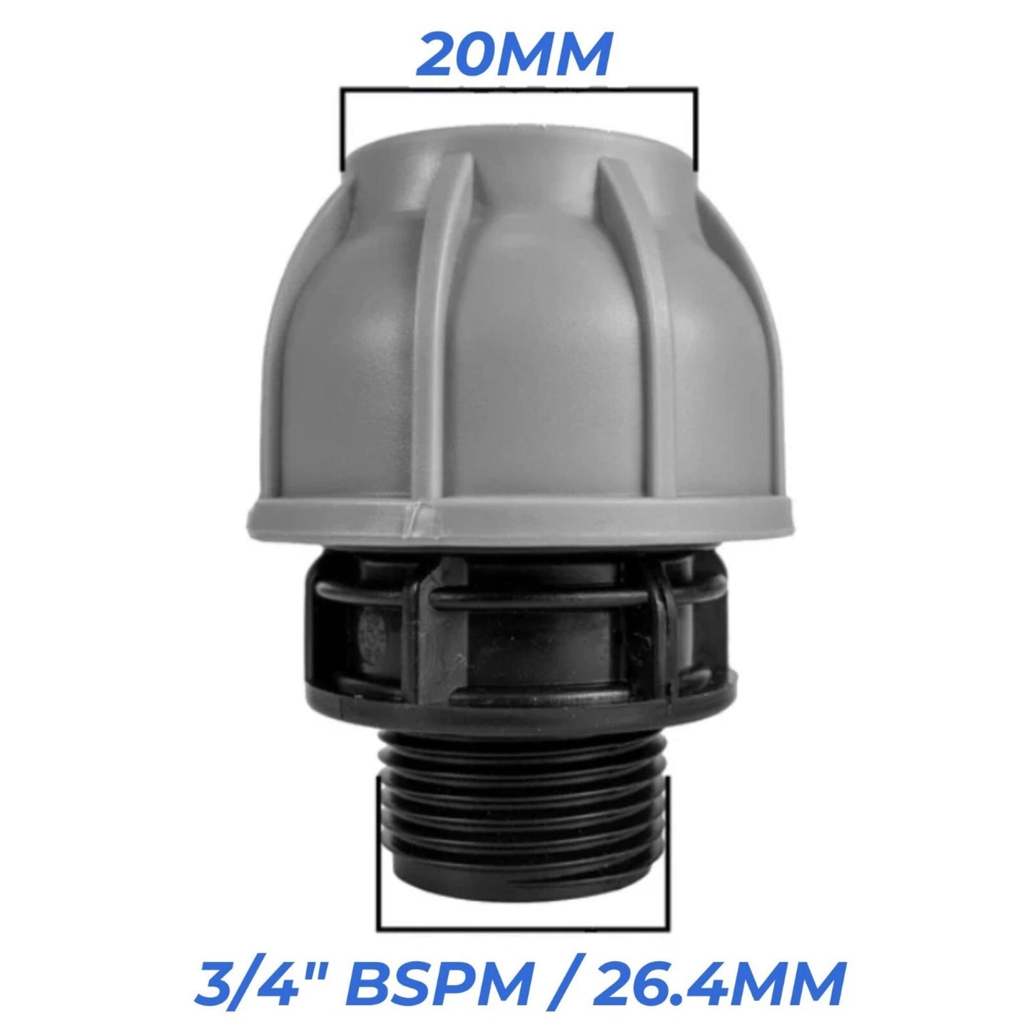 Water Butt Connector Kit 3/4" BSP with Full Flow PP Ball Valve & MDPE Straight Compression Fitting 20mm 25mm 32mm for Rainwater Tanks & Irrigation