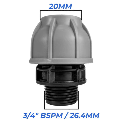Water Butt Connector Kit 3/4" BSP with Full Flow PP Ball Valve & MDPE Straight Compression Fitting 20mm 25mm 32mm for Rainwater Tanks & Irrigation