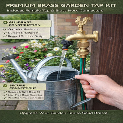 Brass Garden Tap Kit – 3/4" BSP Outdoor Bib Tap with Female Tap Connector & Solid Brass Hose Connector, Heavy-Duty Quick Connect for Garden & Irrigation Rooster/Classic Handle