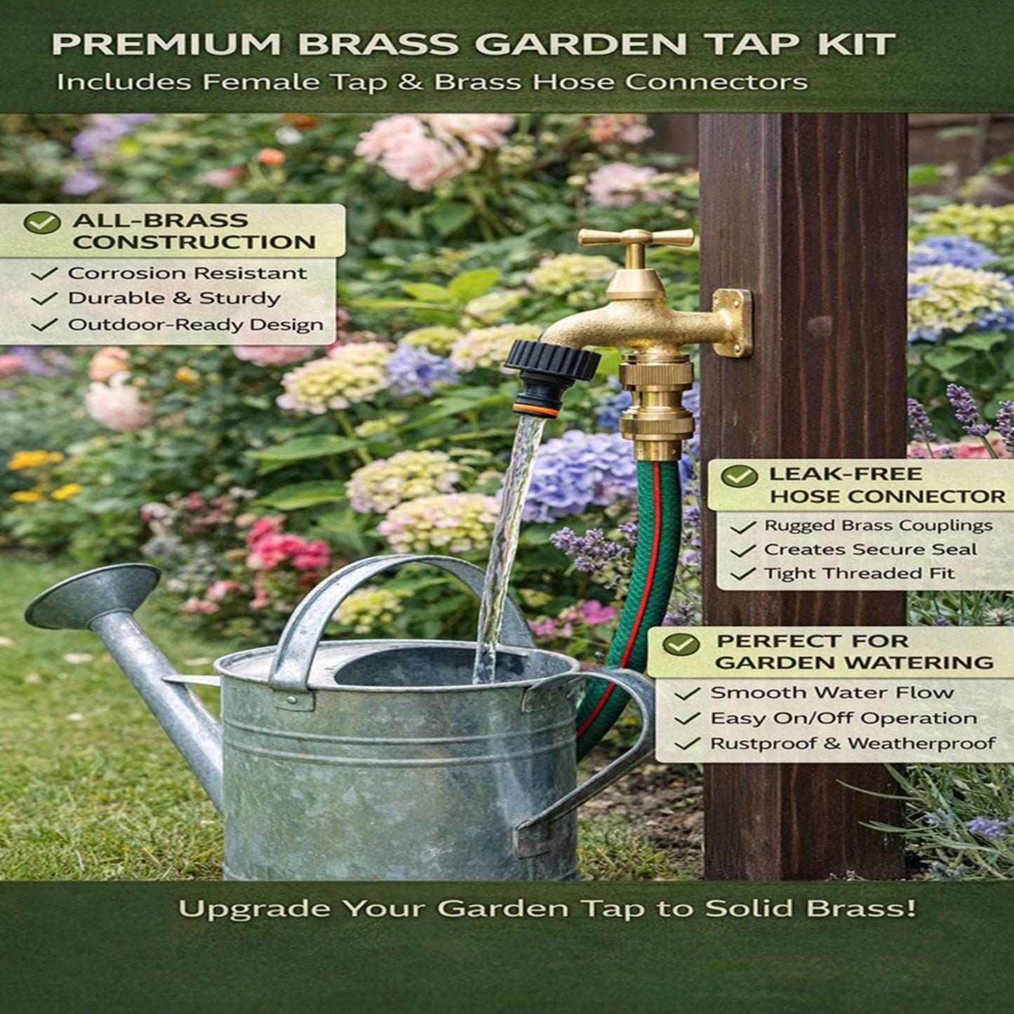 Brass Garden Tap Kit – 3/4" BSP Outdoor Bib Tap with Female Tap Connector & Solid Brass Hose Connector, Heavy-Duty Quick Connect for Garden & Irrigation Rooster/Classic Handle