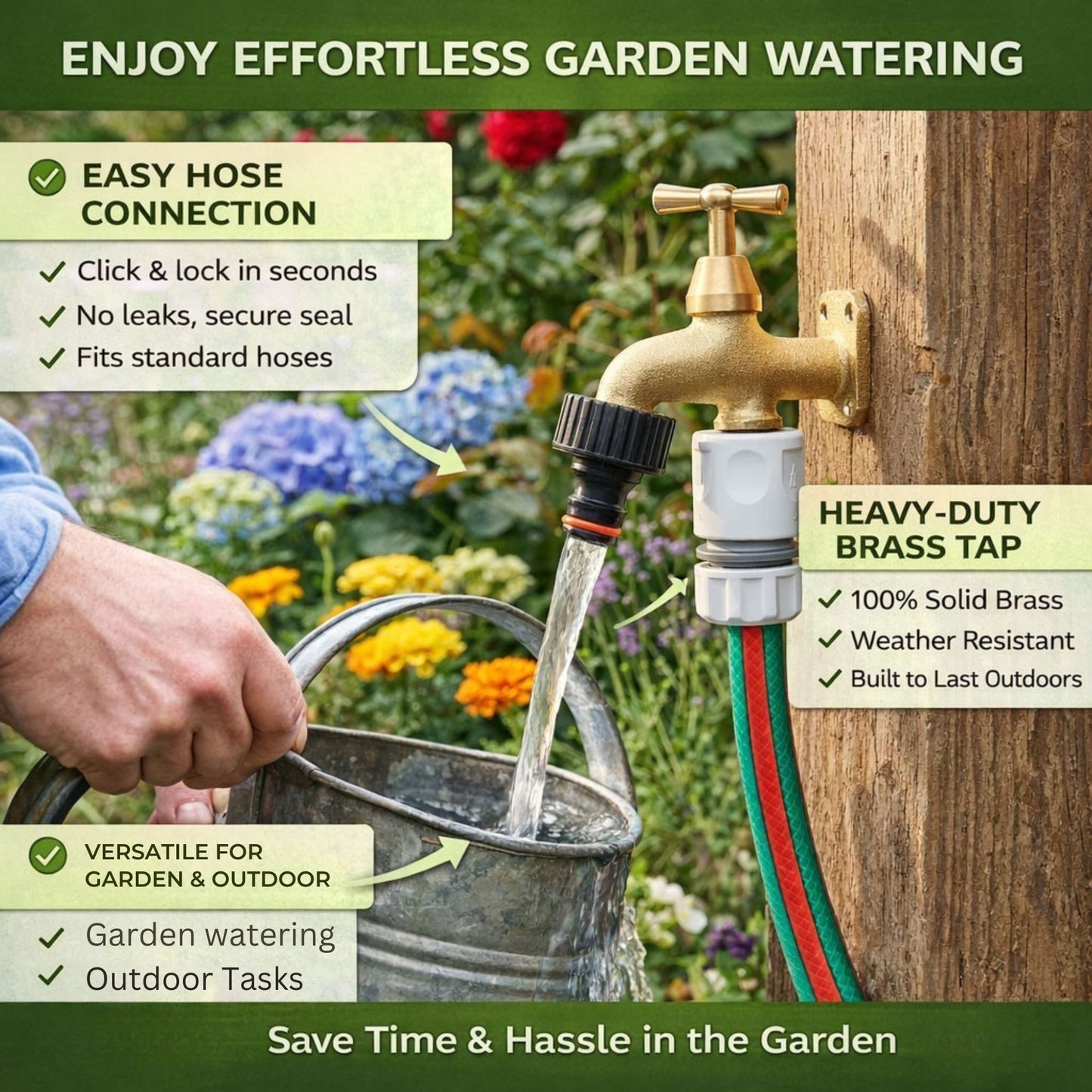 Brass Garden Tap Kit with Hose Connectors – 3/4" BSP Outdoor Bib Tap, Female Tap Connector & Female Hose Connector, Quick Connect Water Tap Set Rooster/Classic Handle