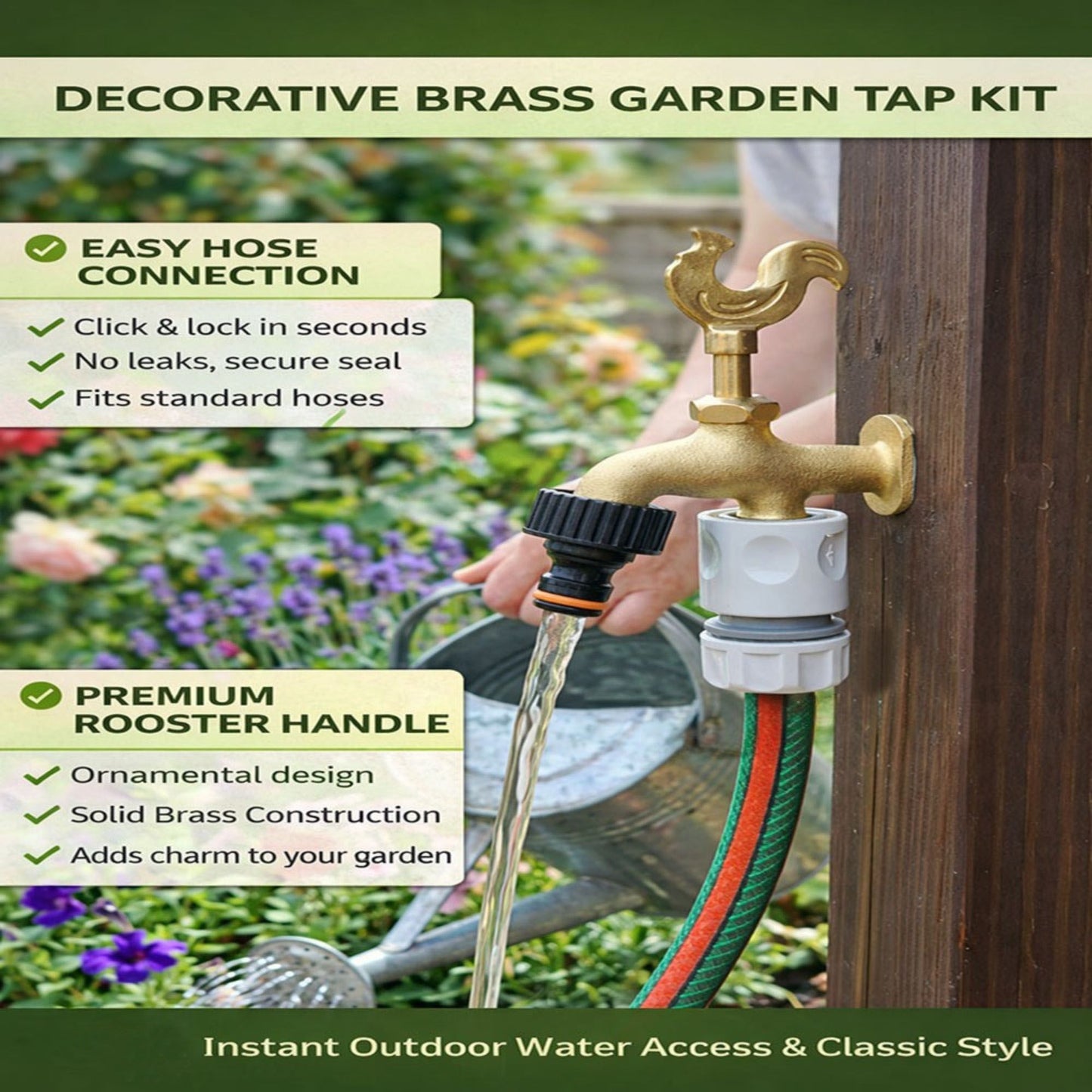 Brass Garden Tap Kit with Hose Connectors – 3/4" BSP Outdoor Bib Tap, Female Tap Connector & Female Hose Connector, Quick Connect Water Tap Set Rooster/Classic Handle