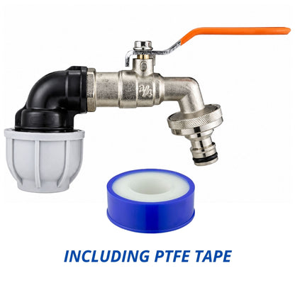Garden Lever Tap 3/4 BSPM Quick Connect 20/25/32mm MDPE Elbow Fitting Including PTFE Tape