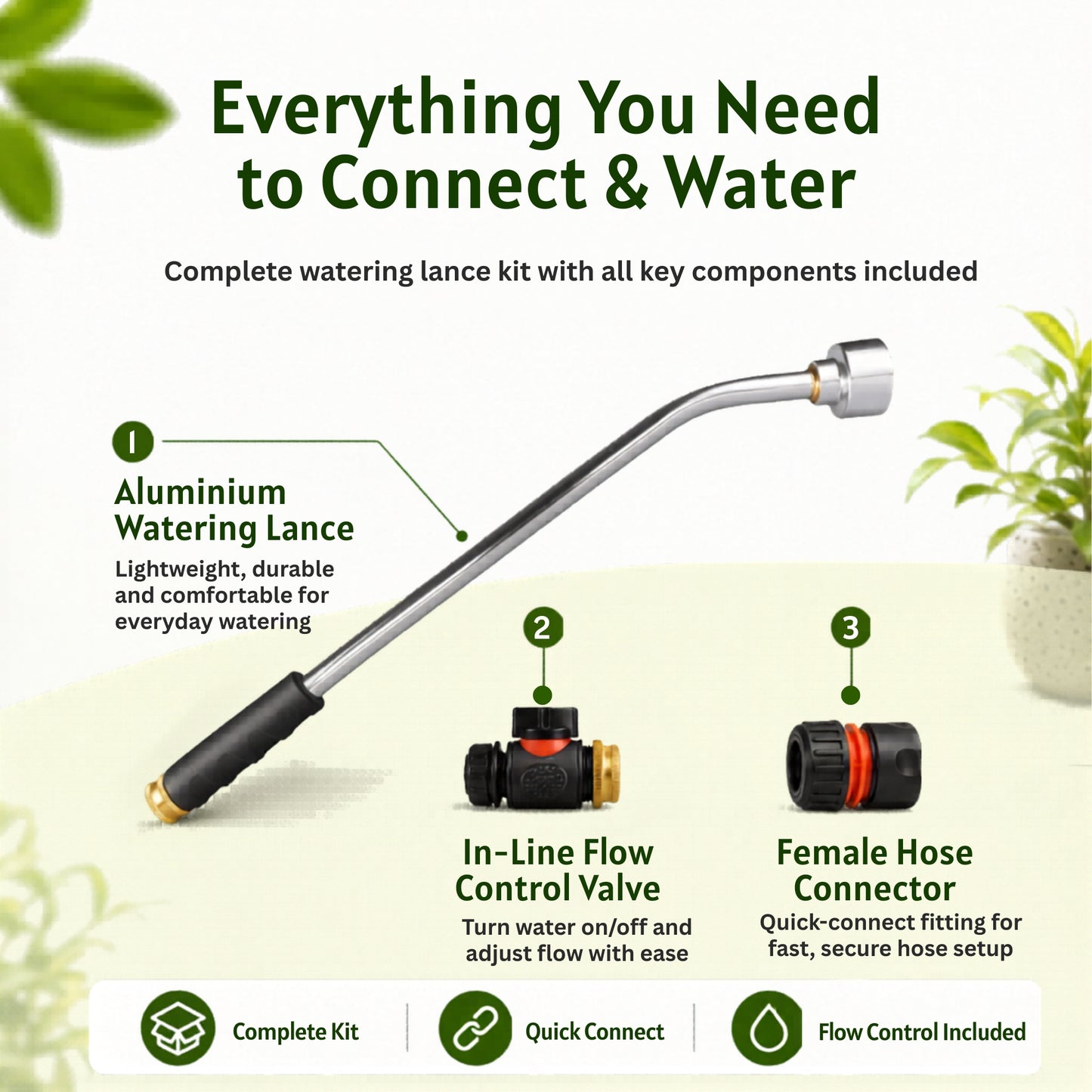 Watering Lance Kit 50cm 75cm 90cm Aluminium Garden Watering Wand with Flow Control Valve & Hose Connector for Plants, Pots, Borders, Raised Beds & Hanging Baskets