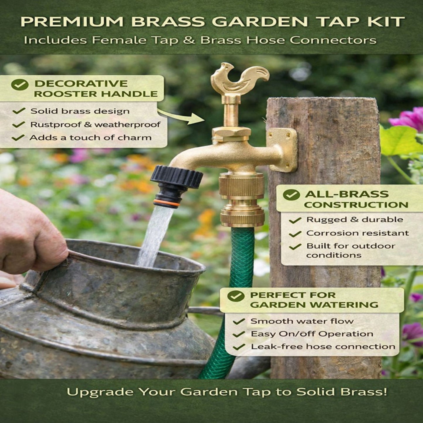 Brass Garden Tap Kit – 3/4" BSP Outdoor Bib Tap with Female Tap Connector & Solid Brass Hose Connector, Heavy-Duty Quick Connect for Garden & Irrigation Rooster/Classic Handle