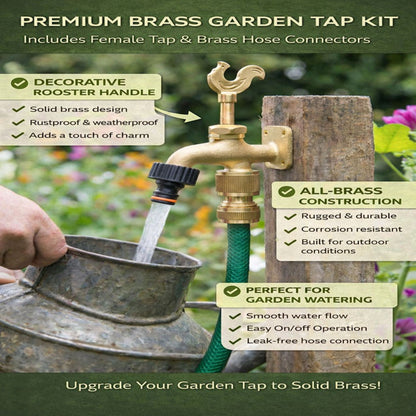 Brass Garden Tap Kit – 3/4" BSP Outdoor Bib Tap with Female Tap Connector & Solid Brass Hose Connector, Heavy-Duty Quick Connect for Garden & Irrigation Rooster/Classic Handle