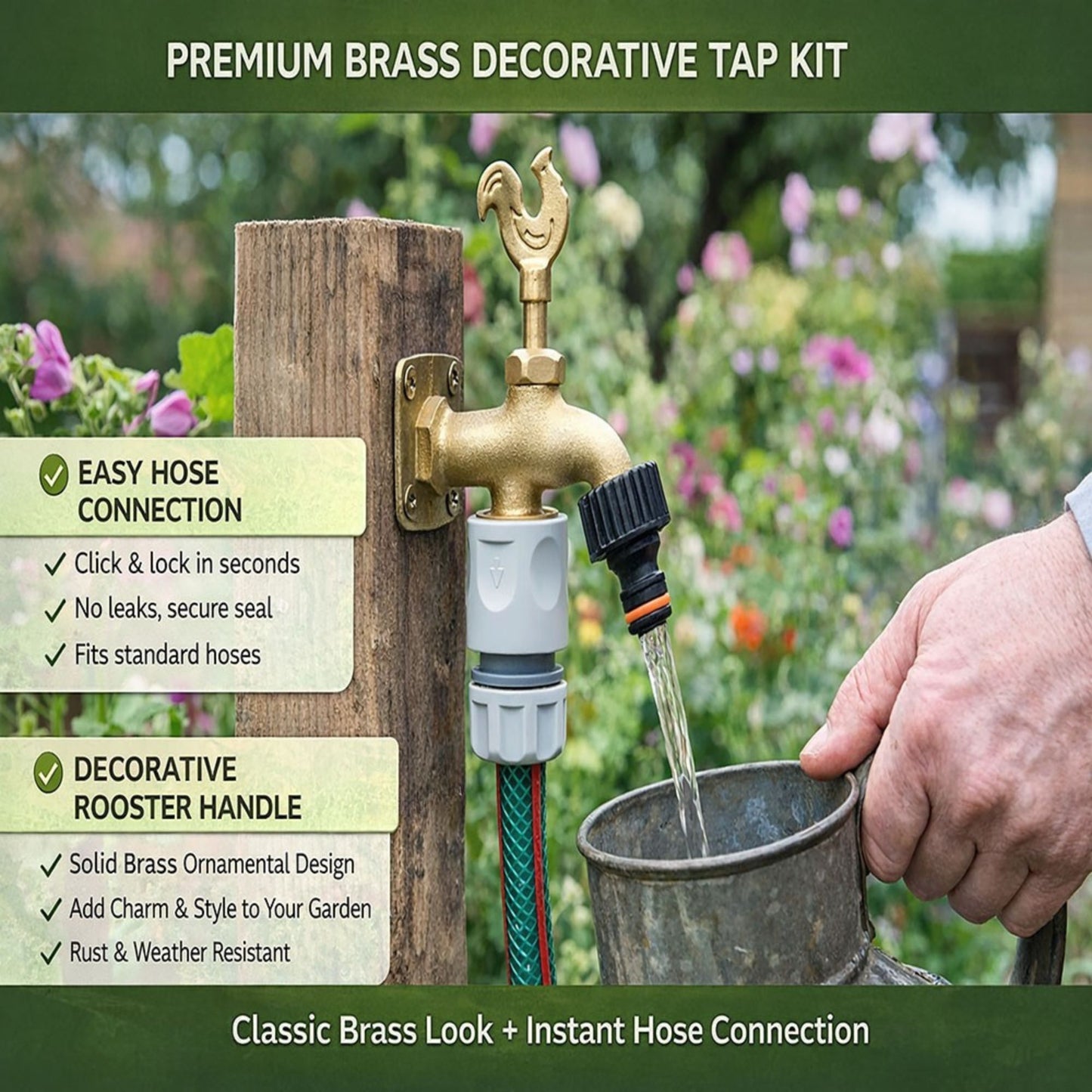 Brass Garden Tap Kit with Hose Connectors – 3/4" BSP Outdoor Bib Tap, Female Tap Connector & Female Hose Connector, Quick Connect Water Tap Set Rooster/Classic Handle