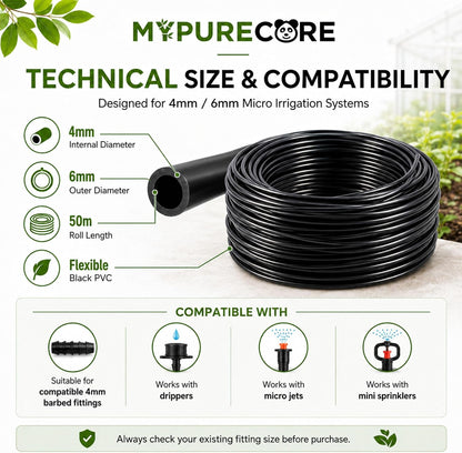 Micro Irrigation Water Pipe Tube – 50m Black Micro Tube 4mm / 6mm – Premium Hose for Garden Watering Systems
