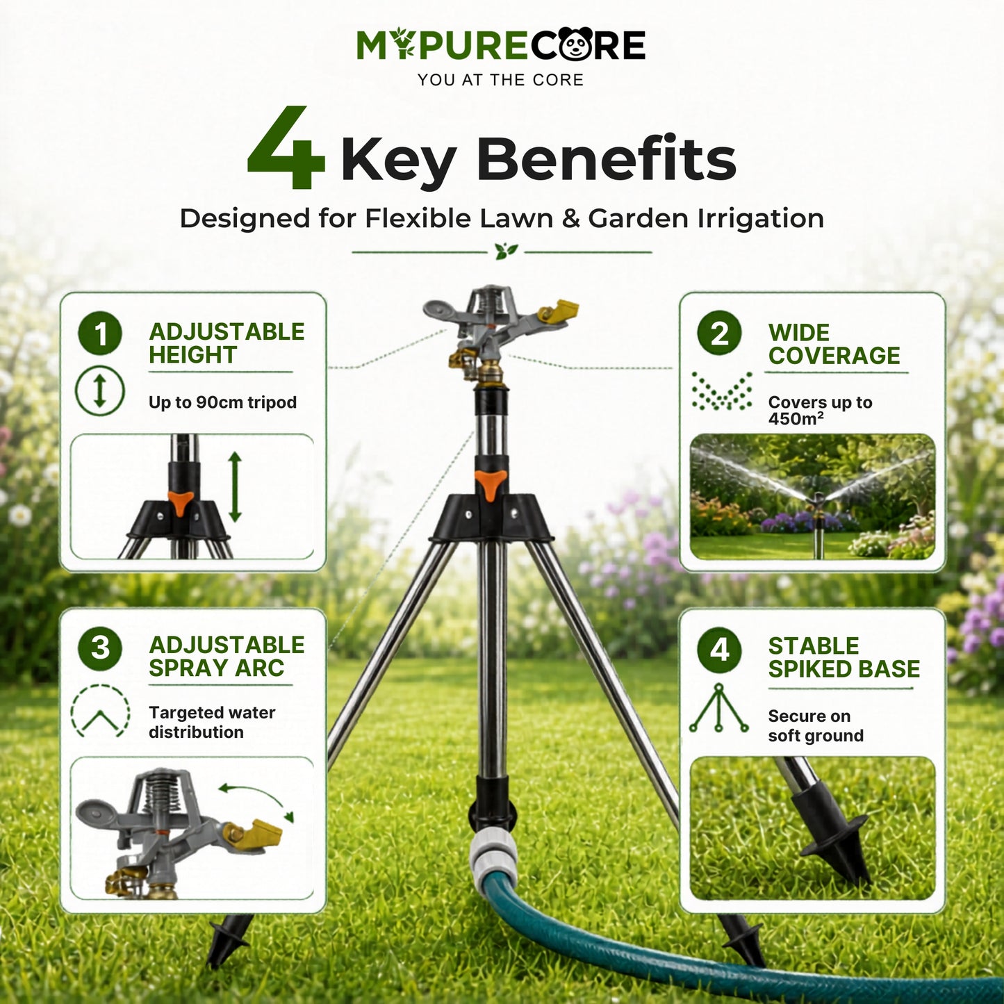 Pulsating Lawn Sprinkler on Tripod 90cm with Female Hose Connector, Adjustable Impact Garden Sprinkler with Spray Arc Control, Metal Spiked Stand & 450m² Coverage