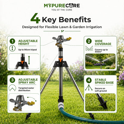 Pulsating Lawn Sprinkler on Tripod 90cm with Female Hose Connector, Adjustable Impact Garden Sprinkler with Spray Arc Control, Metal Spiked Stand & 450m² Coverage