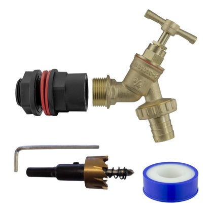 Garden Water Butt Tap Kit with Drill Bit – Rain Barrel Adapter 3/4" BSP Hose Connector with Tap Options, Washers & PTFE Tape for Water Tank, IBC & Garden Irrigation Systems