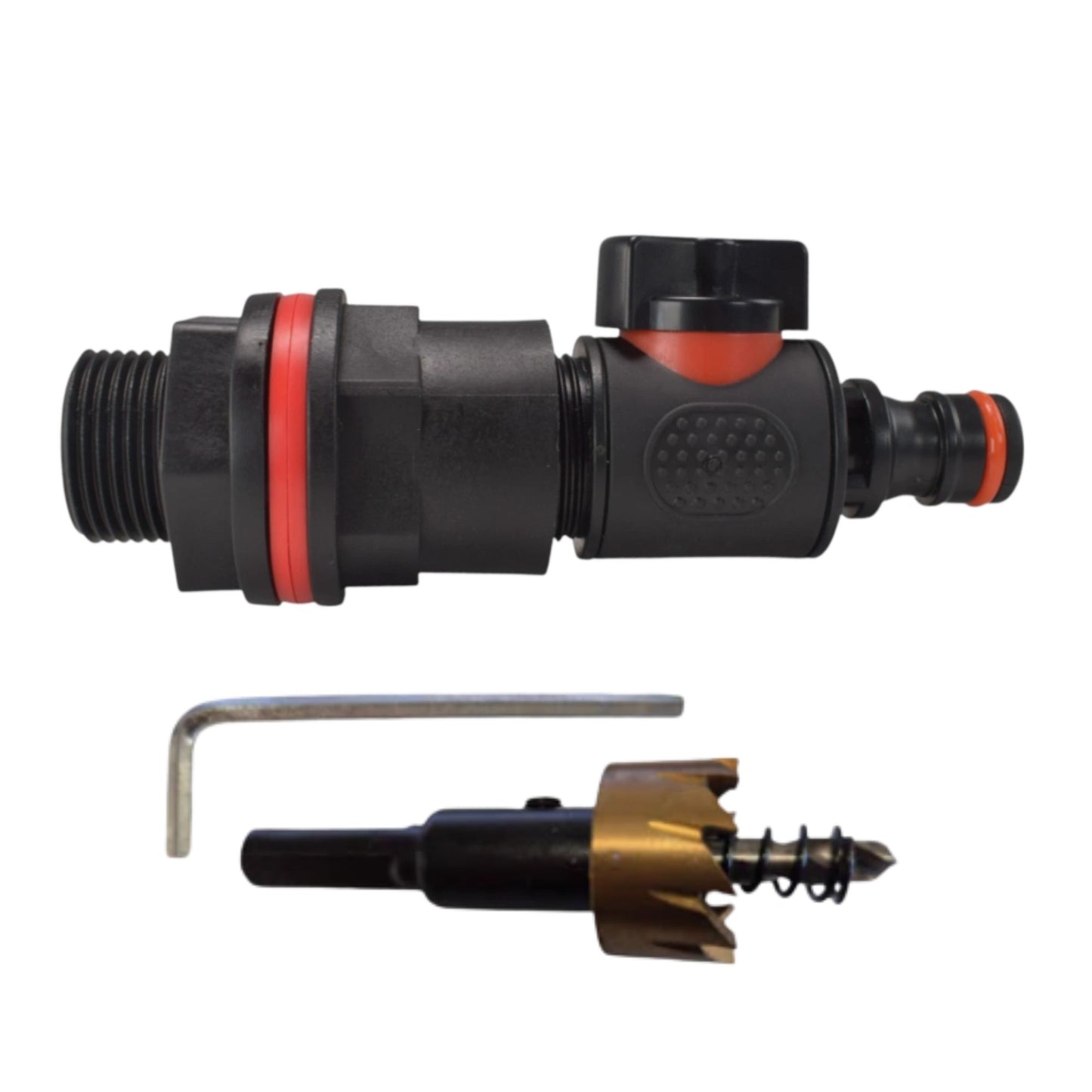 Garden Water Butt Tap Kit with Drill Bit – Rain Barrel Adapter 3/4" BSP Hose Connector with Tap Options, Washers & PTFE Tape for Water Tank, IBC & Garden Irrigation Systems