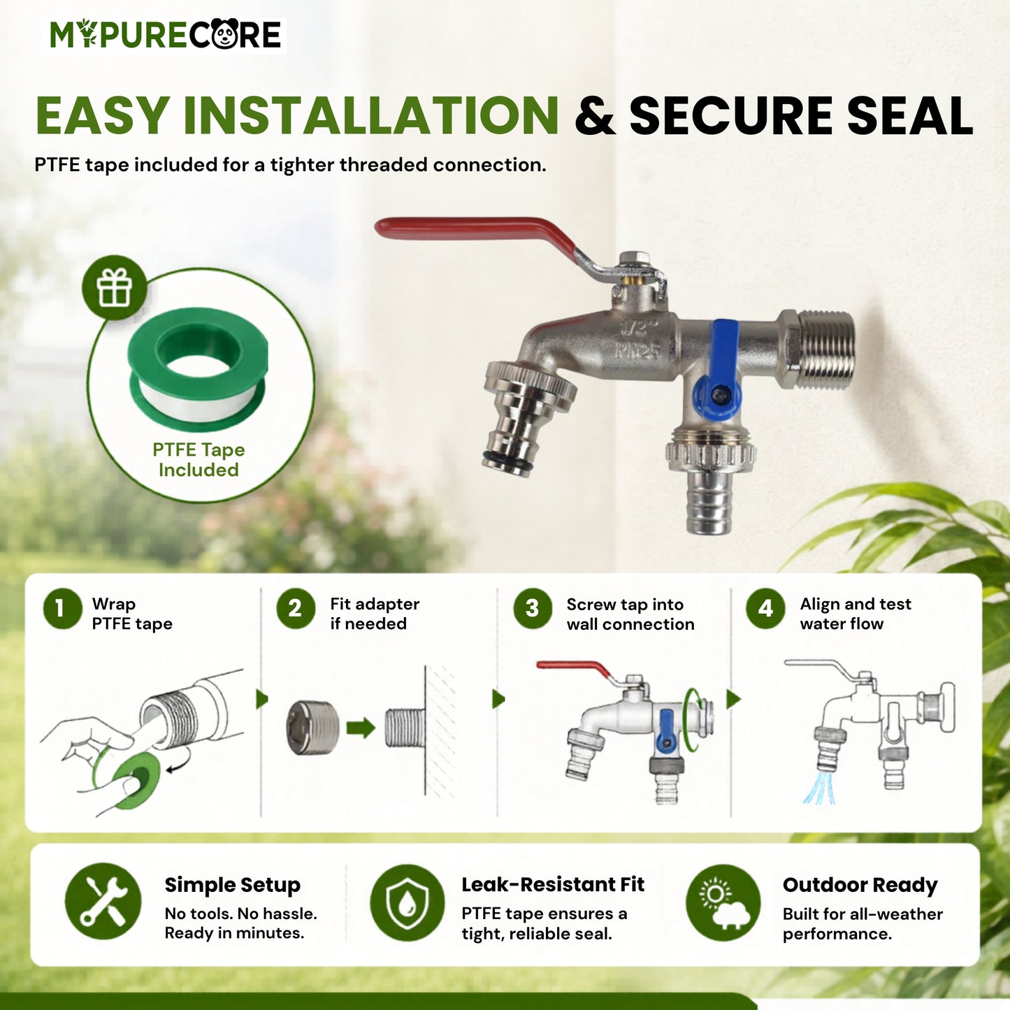 Double Garden Tap Kit with 1/2” & 3/4” BSP Adapter, Dual Lever Outdoor Water Tap with Quick Connect Fitting, Barbed Hose Outlet & PTFE Tape for Garden Hose, Irrigation & Greenhouse Use