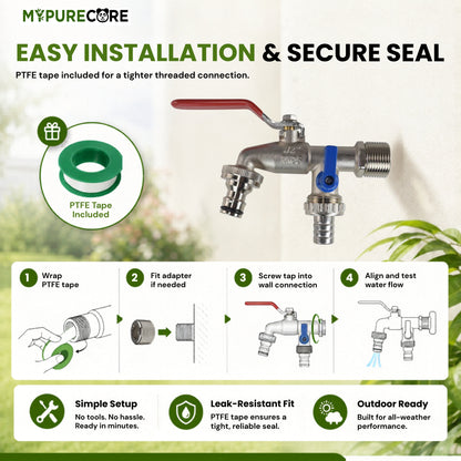 Double Garden Tap Kit with 1/2” & 3/4” BSP Adapter, Dual Lever Outdoor Water Tap with Quick Connect Fitting, Barbed Hose Outlet & PTFE Tape for Garden Hose, Irrigation & Greenhouse Use