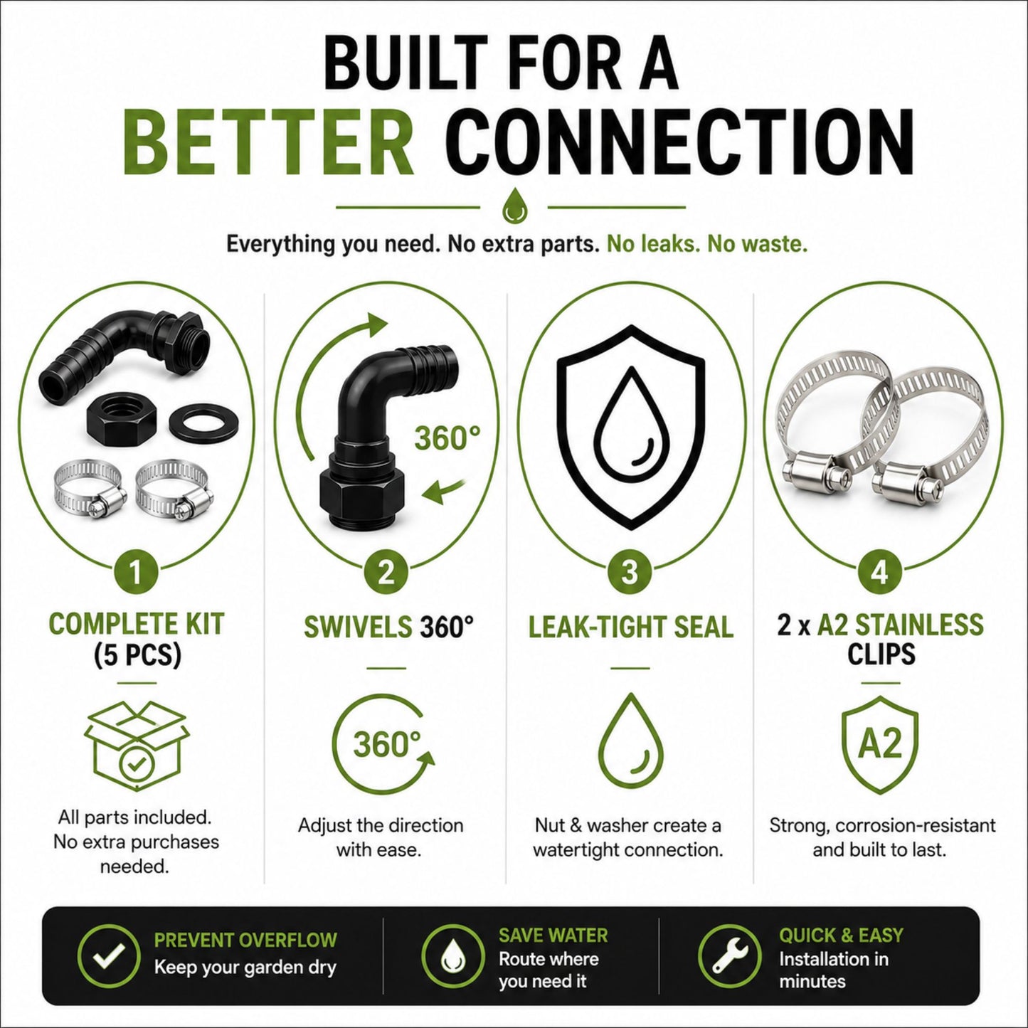 Water Butt Elbow Connector Kit Tank Outlet with 2 Hose Clips Garden Water