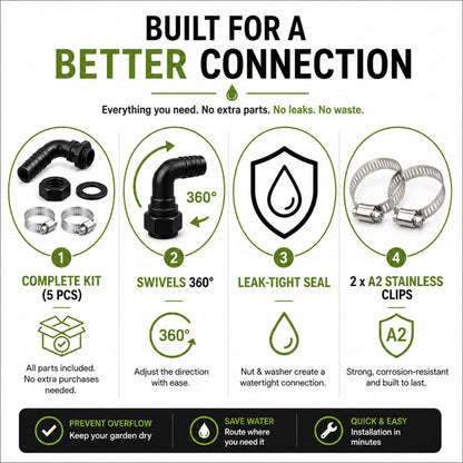 Water Butt Elbow Connector Kit Tank Outlet with 2 Hose Clips Garden Water