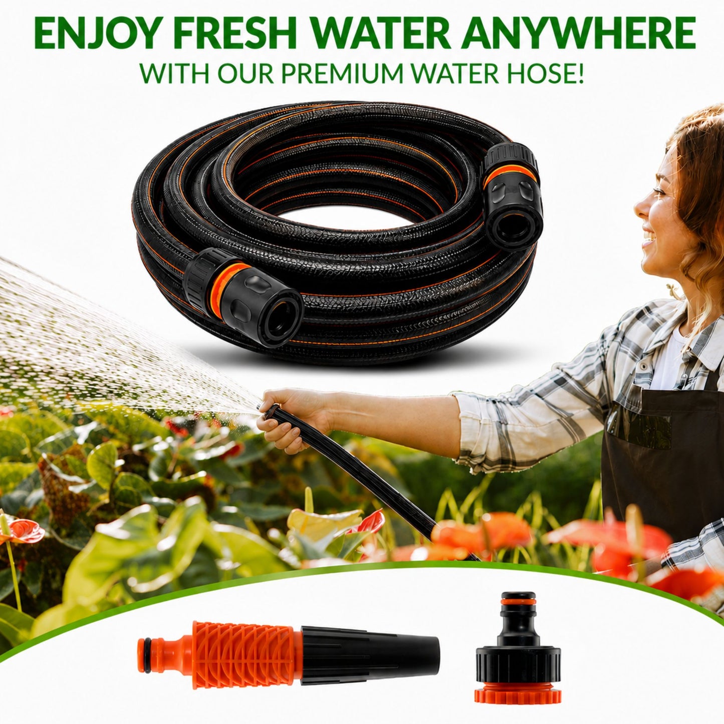 Premium Black Carbon Plus Garden Hose Pipe with 4-Piece Watering Connector Kit – Heavy Duty Anti-Kink UV Resistant Flexible Garden Hose for Watering, Car Washing & Outdoor Use