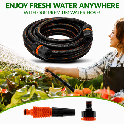 Premium Black Carbon Plus Garden Hose Pipe with 4-Piece Watering Connector Kit – Heavy Duty Anti-Kink UV Resistant Flexible Garden Hose for Watering, Car Washing & Outdoor Use
