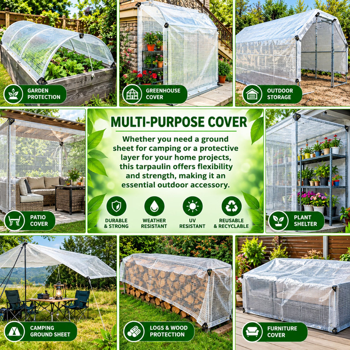 Clear Tarpaulin 300GSM Heavy Duty Waterproof Sheet + 10 Clip On Eyelets