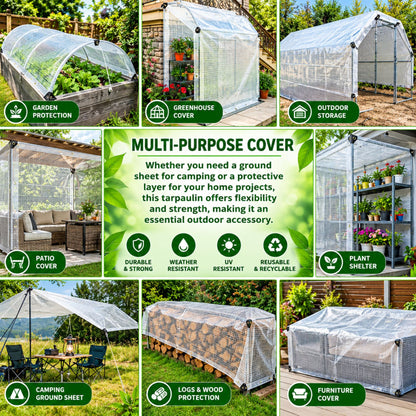 Clear Tarpaulin 300GSM Heavy Duty Waterproof Sheet + 10 Clip On Eyelets