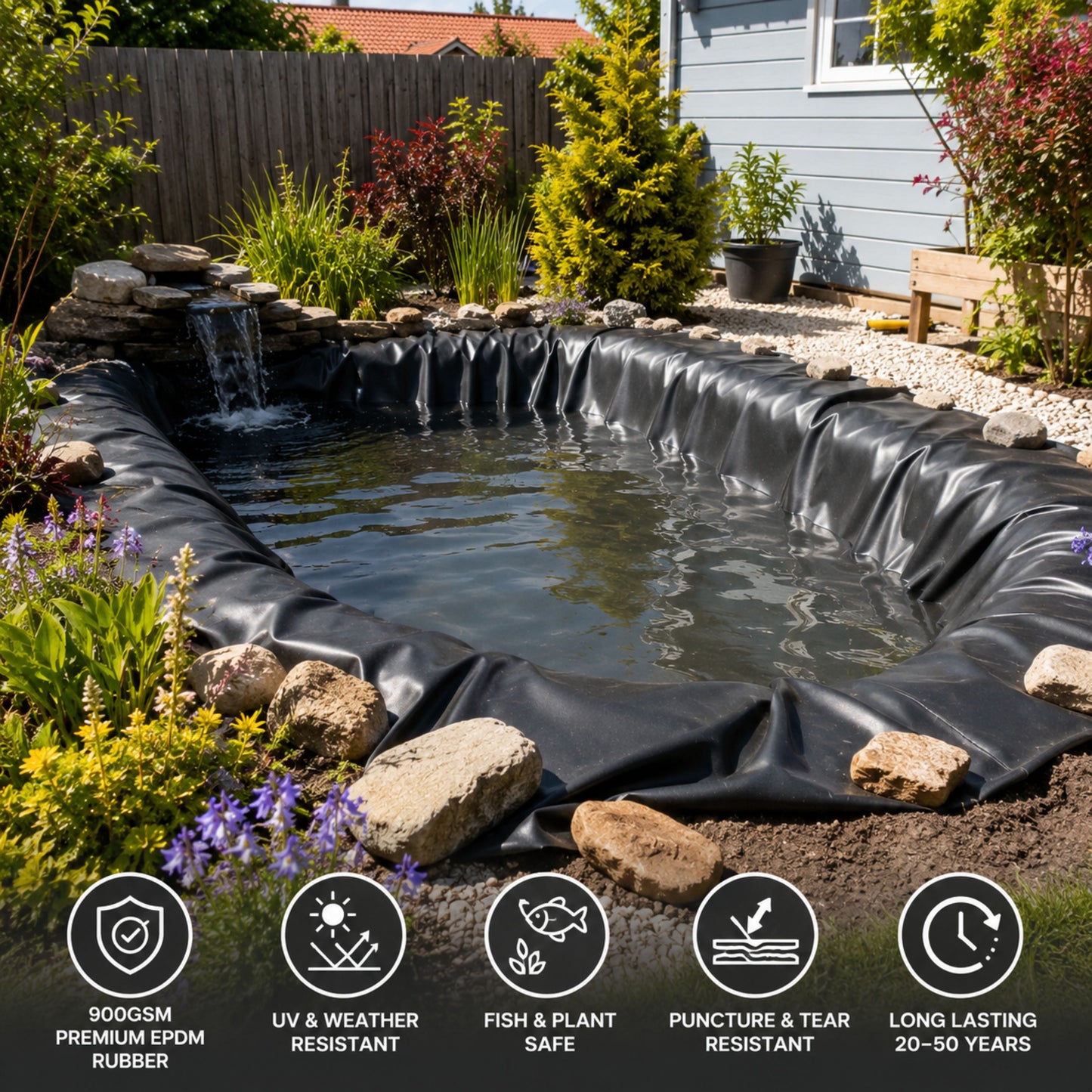 Pond Liner EPDM Rubber Heavy Duty Waterproof 900GSM & Underlay Set Fish Pond Water Feature