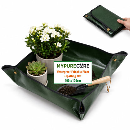 Plant Repotting Mat 100x100cm Waterproof Foldable Gardening Potting Tray with Snap Corners for Indoor Plants, Seedlings, Soil Mixing & Balcony Gardening