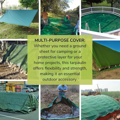 MYPURECORE Heavy Duty Waterproof Tarpaulin 220GSM Green/Brown Tarp with 10 Bungee Balls - Durable Weatherproof Tarp Sheet for Camping, Garden, Trailer, Tent & Outdoor Protection