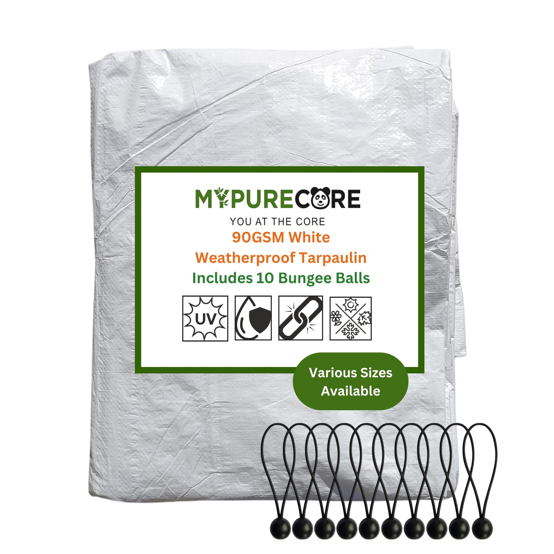 MYPURECORE Heavy Duty White Tarpaulin with 10 Bungee Balls – Weatherproof & UV Resistant Tarp Sheet and Groundsheet for Outdoor, Garden & Camping, Pergolas, Cars and Furniture