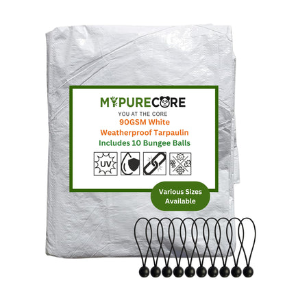 MYPURECORE Heavy Duty White Tarpaulin with 10 Bungee Balls – Weatherproof & UV Resistant Tarp Sheet and Groundsheet for Outdoor, Garden & Camping, Pergolas, Cars and Furniture