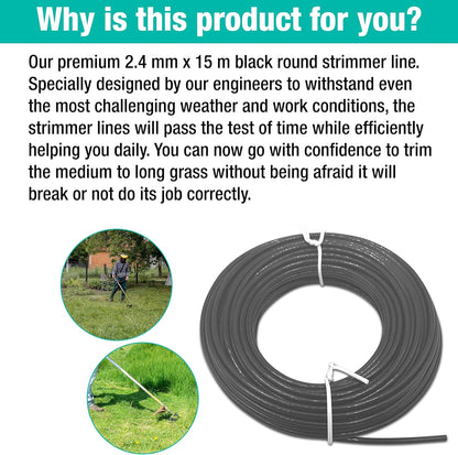 Strimmer Line Black Star – 2.4 mm x 15 m Strimmer Wire – Ideal for Professional Trimming of Medium to Long Grass
