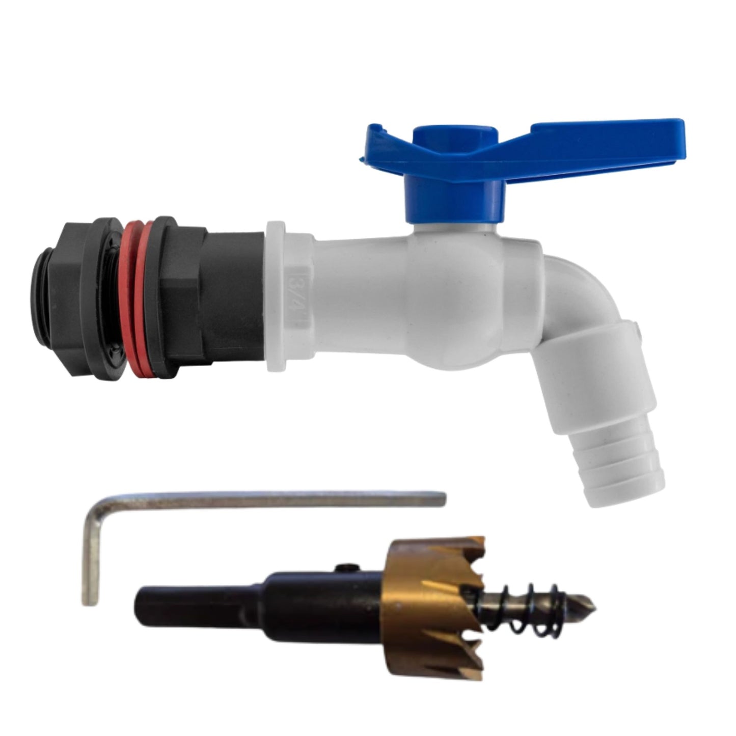 Garden Water Butt Tap Kit with Drill Bit – Rain Barrel Adapter 3/4" BSP Hose Connector with Tap Options, Washers & PTFE Tape for Water Tank, IBC & Garden Irrigation Systems