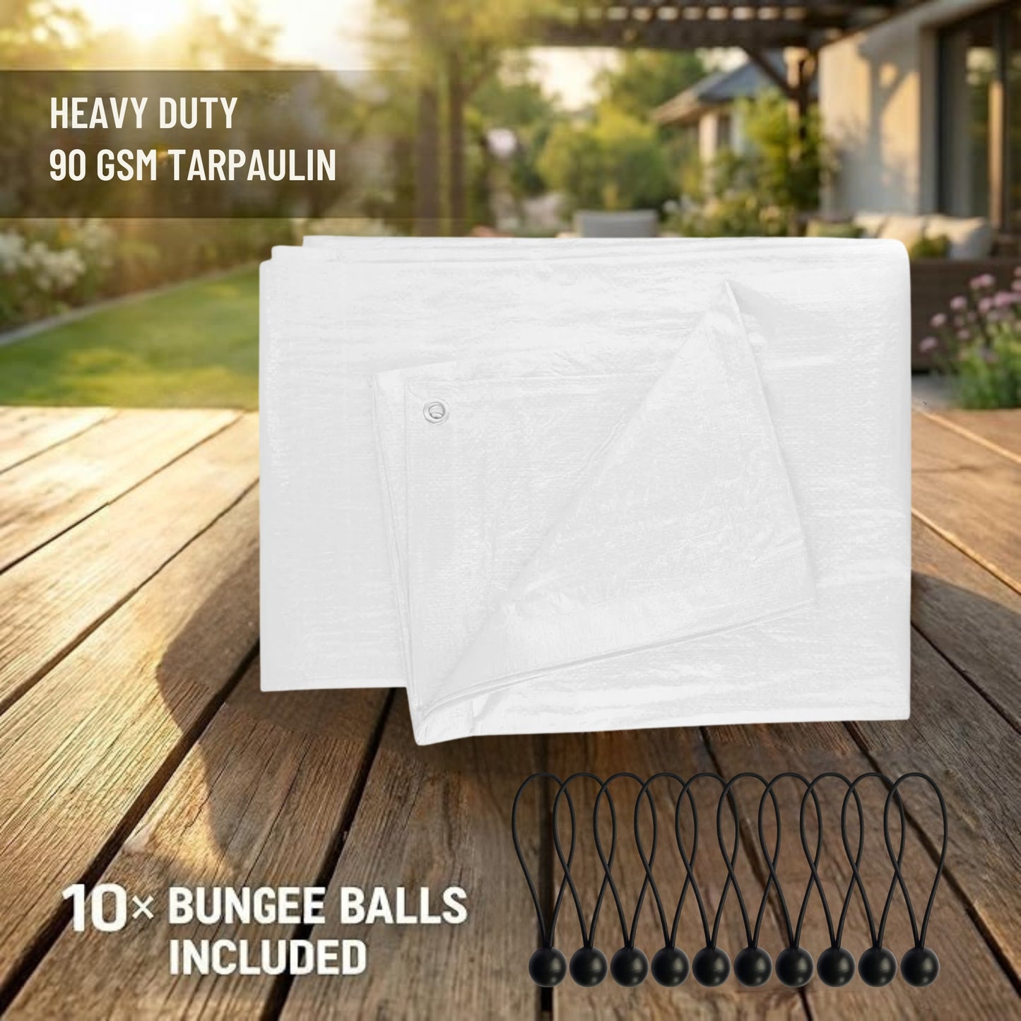 MYPURECORE Heavy Duty White Tarpaulin with 10 Bungee Balls – Weatherproof & UV Resistant Tarp Sheet and Groundsheet for Outdoor, Garden & Camping, Pergolas, Cars and Furniture