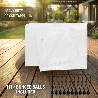 MYPURECORE Heavy Duty White Tarpaulin with 10 Bungee Balls – Weatherproof & UV Resistant Tarp Sheet and Groundsheet for Outdoor, Garden & Camping, Pergolas, Cars and Furniture