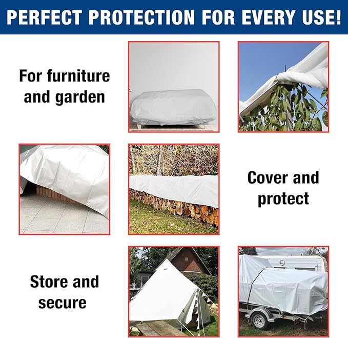 MYPURECORE Heavy Duty White Tarpaulin with 10 Bungee Balls – Weatherproof & UV Resistant Tarp Sheet and Groundsheet for Outdoor, Garden & Camping, Pergolas, Cars and Furniture