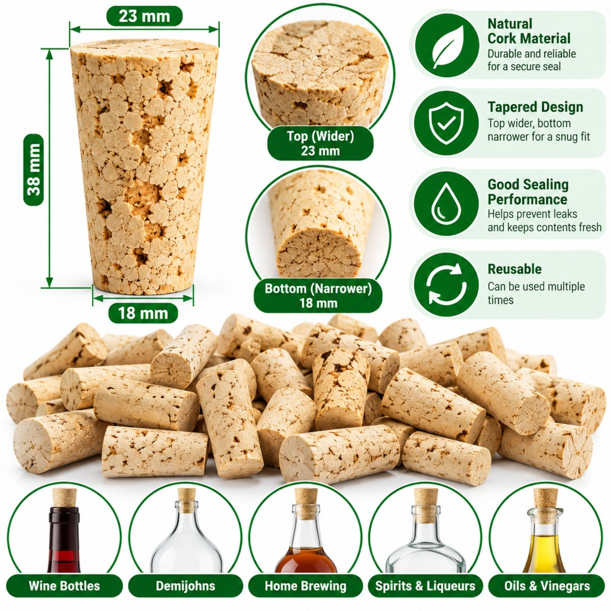 Cork Bottle Stoppers 23/18mm Tapered Natural Cork Bungs Wine Brewing Demijohn Seal 10-50 Pack