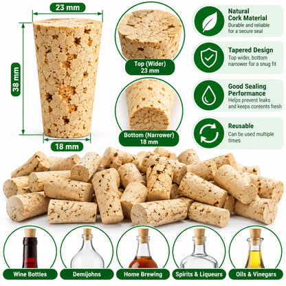 Cork Bottle Stoppers 23/18mm Tapered Natural Cork Bungs Wine Brewing Demijohn Seal 10-50 Pack