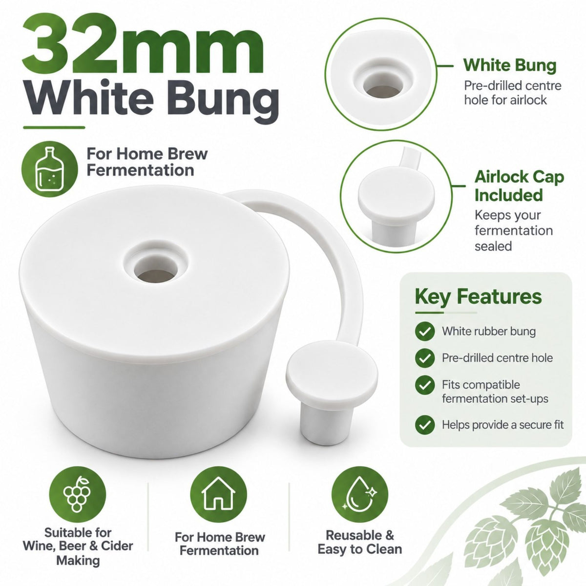 Demijohn Bung Airlock Cap 32mm White Rubber Fermentation Stopper Home Brew Wine 1-10 Pack