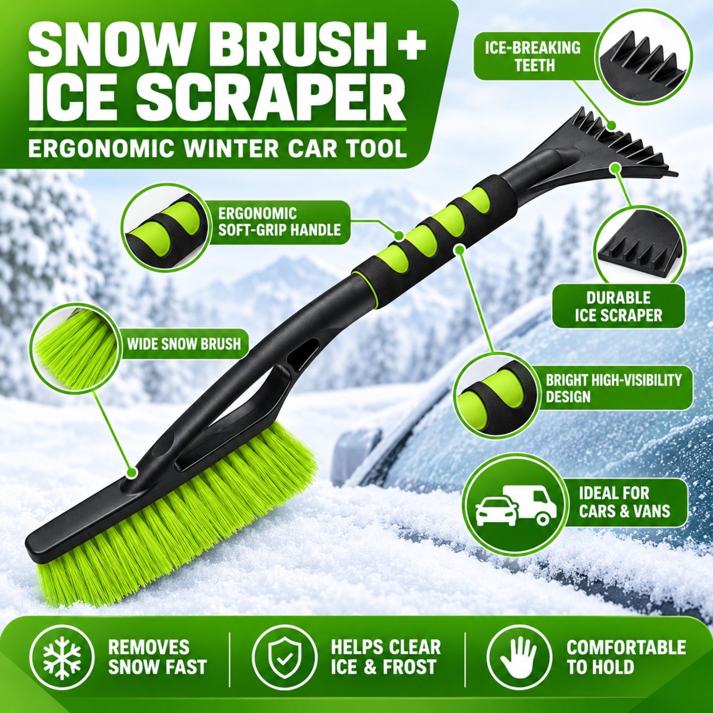 Ice Scraper Ergo Snow Brush Windscreen Frost De-Icer Car Van Window Green
